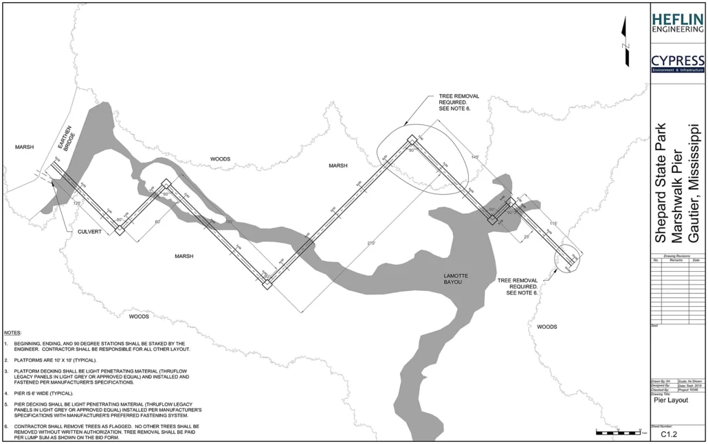 Engineering plan sheet showing a zigzag pier layout across a marsh and bayou, with a platform at each turn, segment dimensions and construction notes