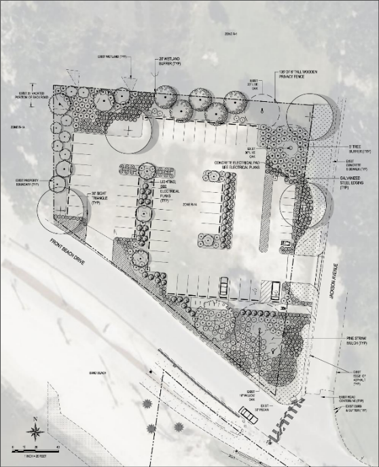 Plan-view site and landscape drawing of a stormwater park: a central parking area ringed by planting beds, trees and a wetland buffer.